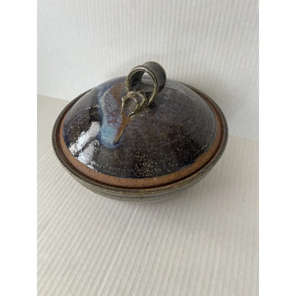 Vintage Signed Studio Pottery Covered Stoneware Serving Bowl with Lid 8